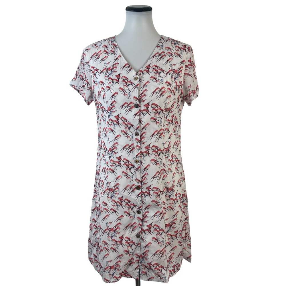 SM Wardrobe Womens M Birds Button Down Shift Dress Mini White Red #933